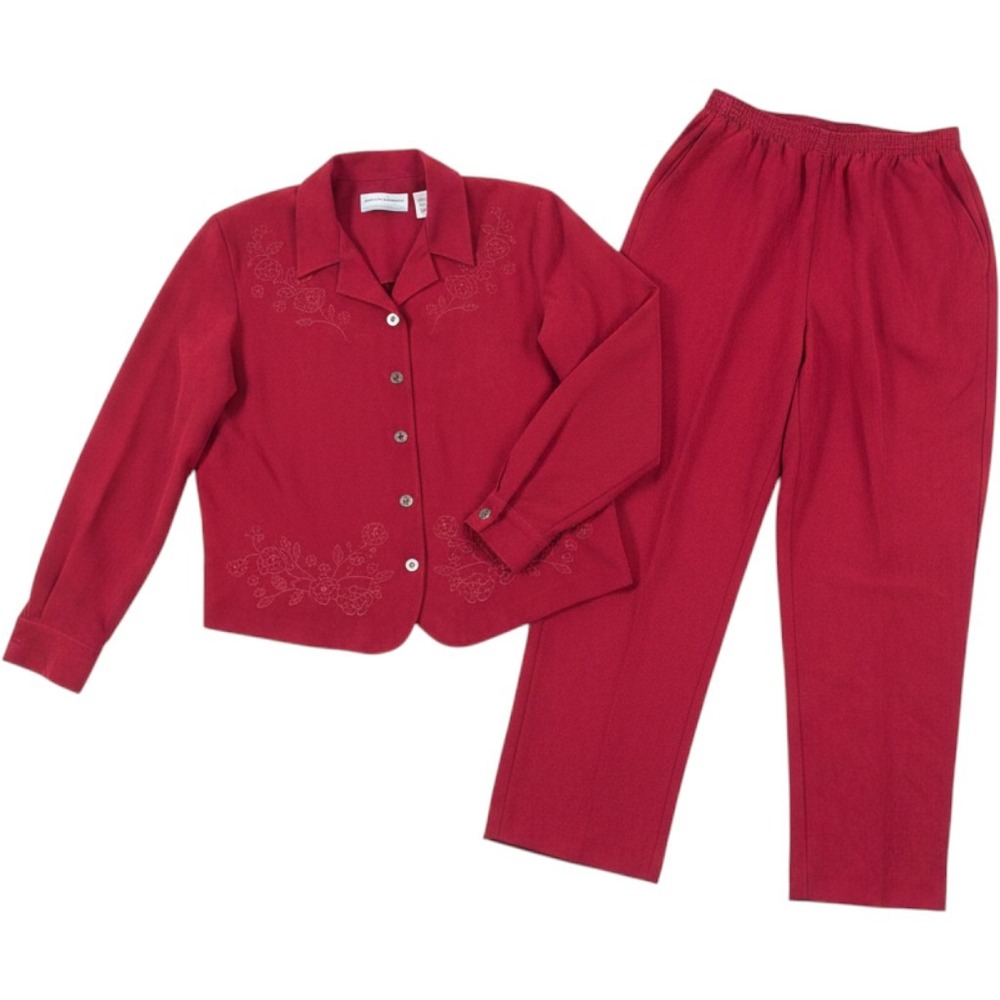 Alfred Dunner Red Faux Suede Pant Suit Set Floral Embroidered Petite 8P 6P